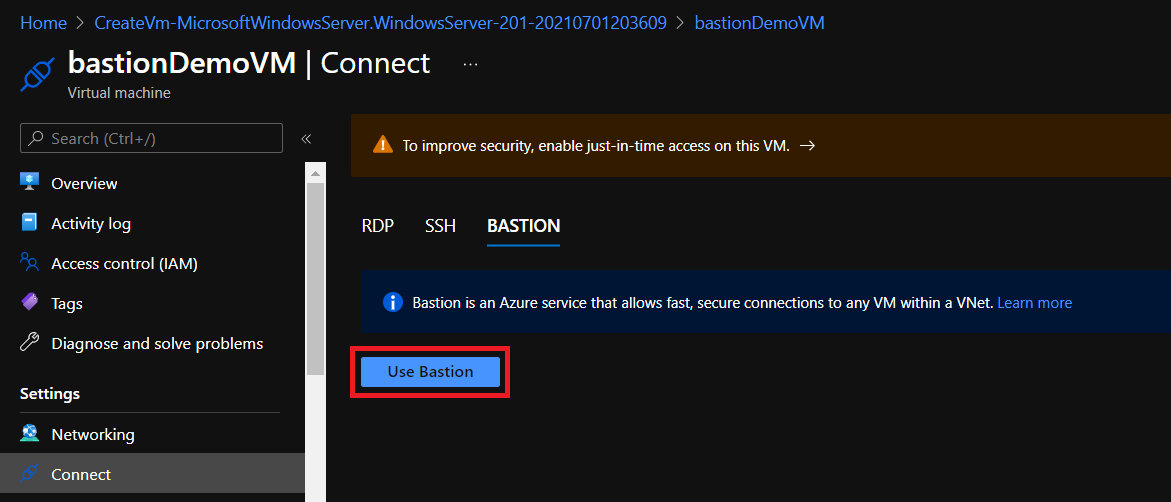 The Use Bastion button to open the connection.