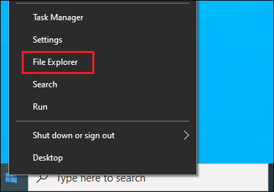 File Explorer option on start menu, right click