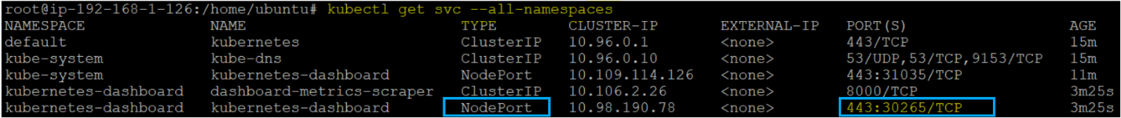 Running the kubectl get svc --all-namespace command