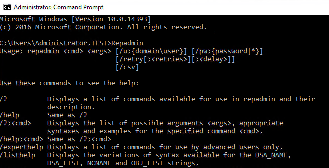 Running repadmin with no parameters.