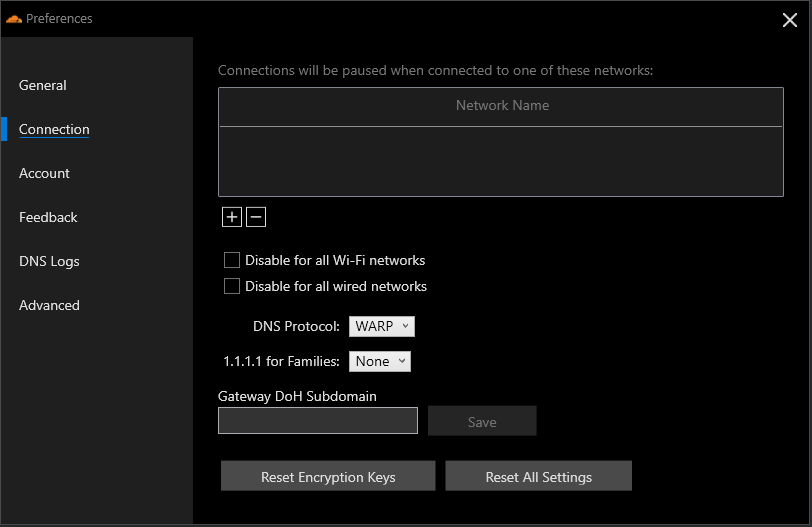 Connection preferences page,