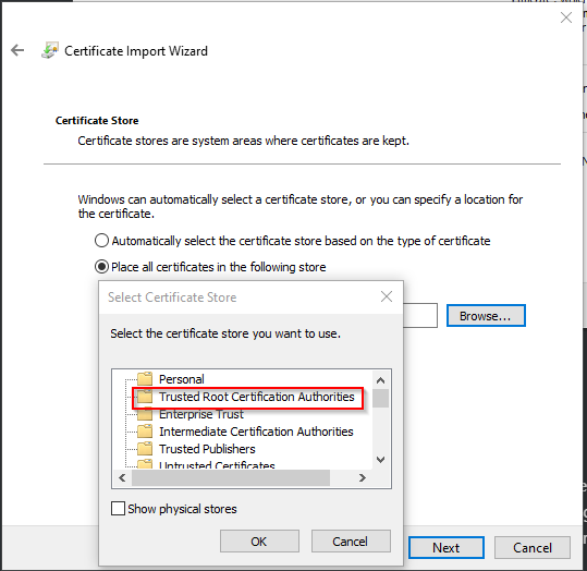 Placing the certificate in the Trusted Root Certificate Authorities certificate store.