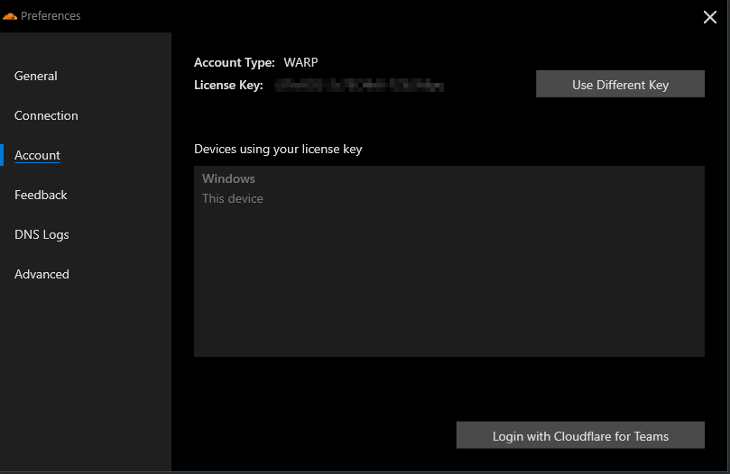 Navigate to the Cloudflare WARP client Preferences → Account.