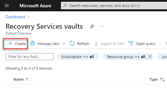 Create Services recovery vault