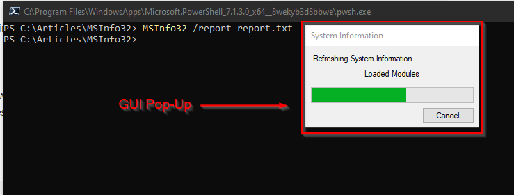 Exporting a System Information report as a TXT file on the command line. Notic