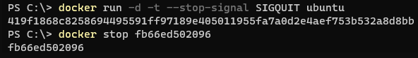 Specifying SIGQUIT as the signal when starting and then stopping a Docker container.