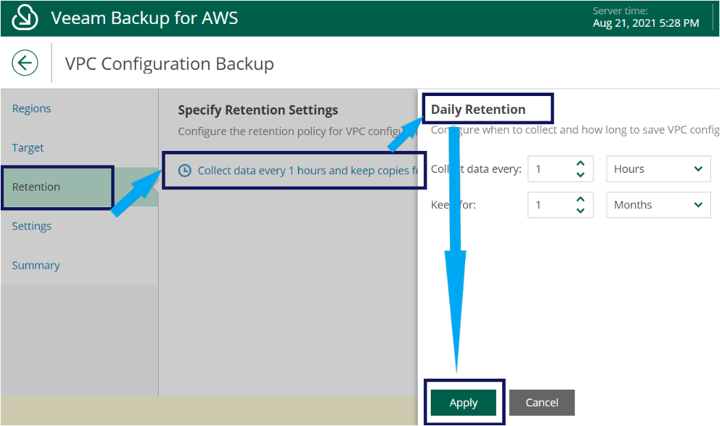 Specifying the Retention settings