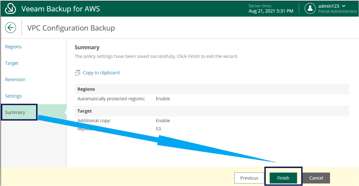 Reviewing the summary wizard of VPC Configuration Backup