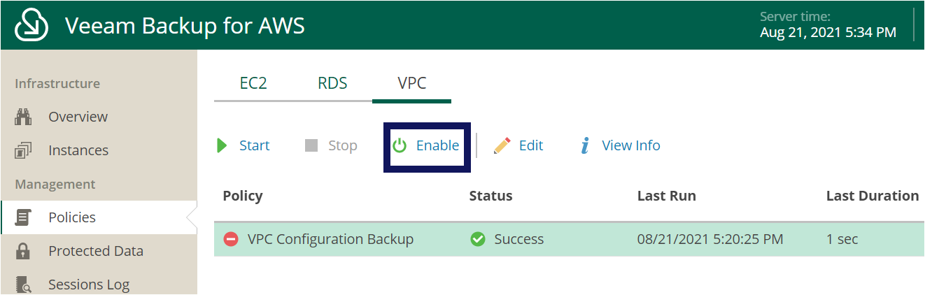Enabling the VPC Configuration Backup policy