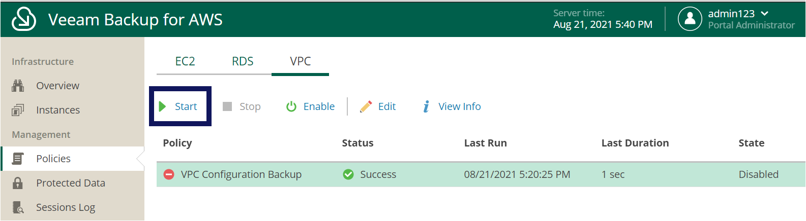 Starting the VPC Configuration Backup Policy