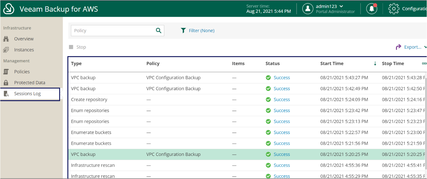 Verifying all the configurations in the VPC Configuration Backup Policy