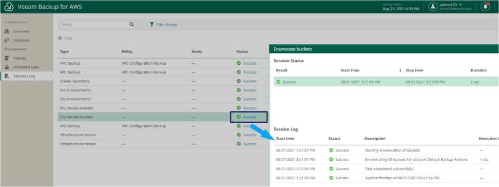 Detailed status of the tasks executed during an operation in VPC Configuration Backup Policy