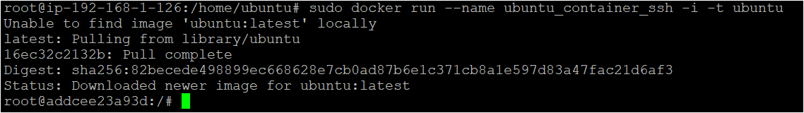 Creating the container named ubuntu_container_ssh and start a Bash session.