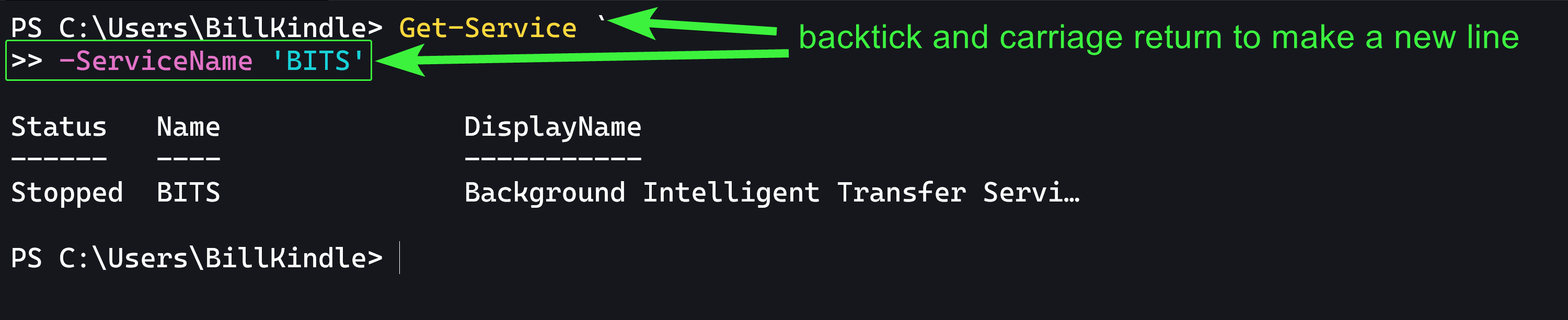 With the backtick, a new line is formed, and the parameters show up on a new line 