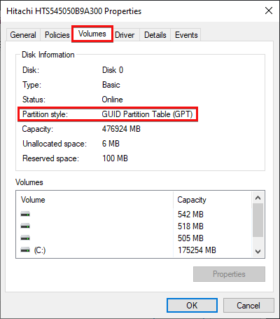Checking Partition Style in the Properties Window