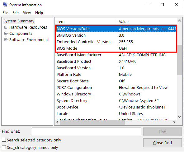 Viewing BIOS information in Windows System Information window.