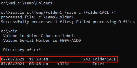 Saving folder permissions to an ACL file with the icacls command