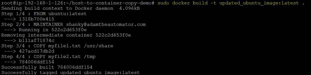 Building the Docker image by running the docker build command