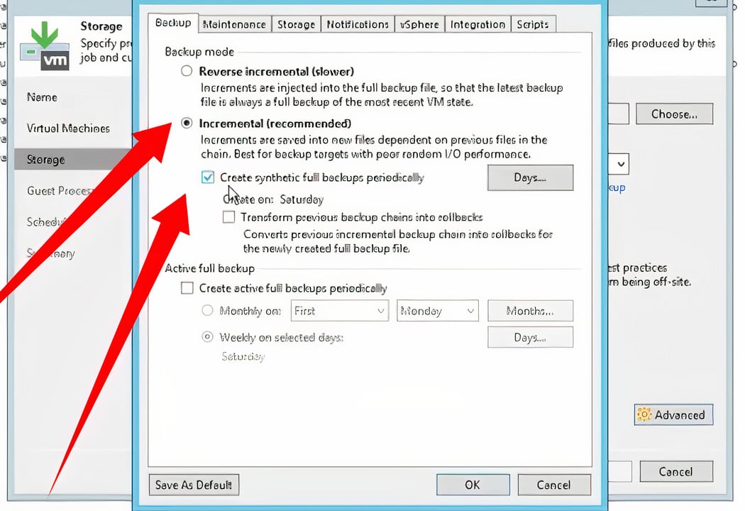 Selecting Increment to Enable Creating Synthetic Full Backup under Backup mode