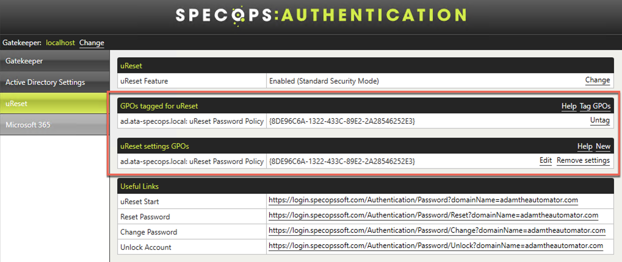 Configuring uReset settings with GateKeeper