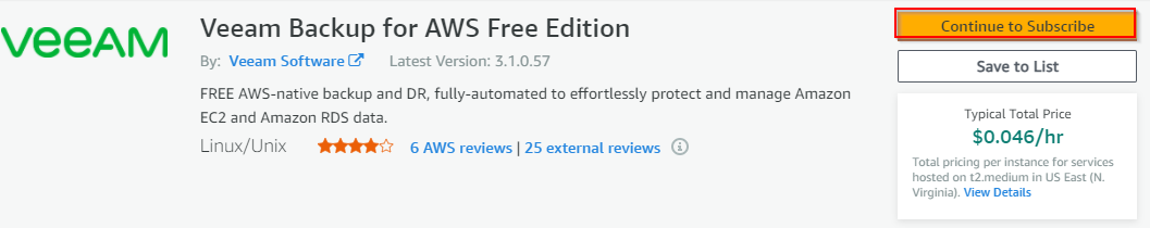 Subscribing to the Veeam Backup for AWS instance