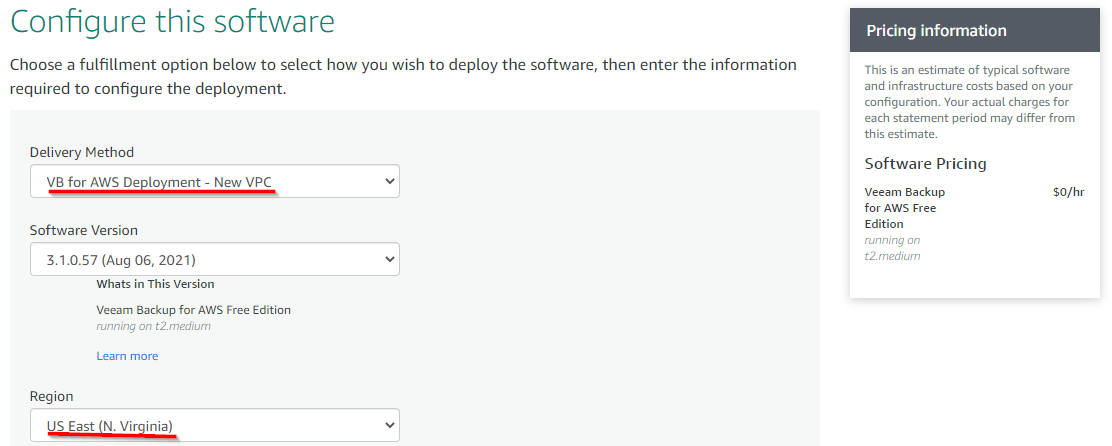 Selecting the Veeam Backup for AWS delivery method, version and region