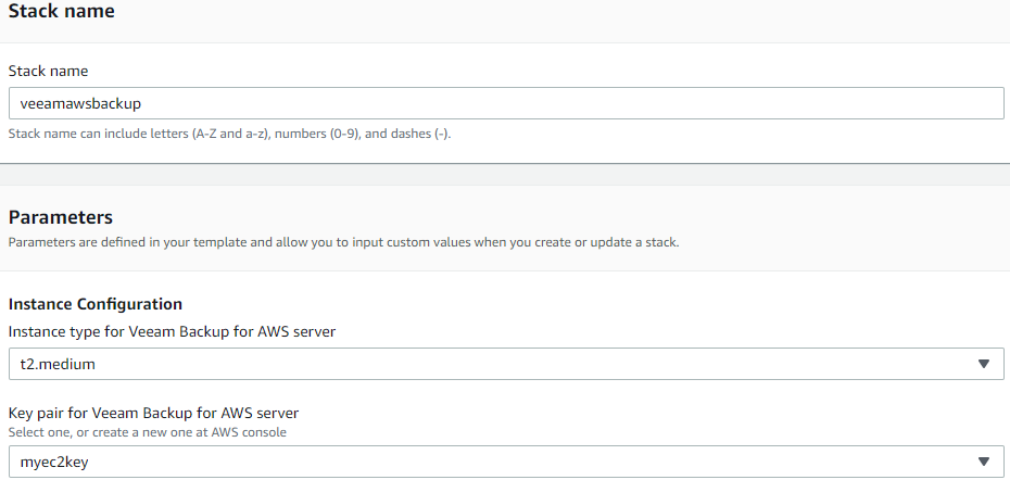 Providing the CloudFormation stack name and parameters