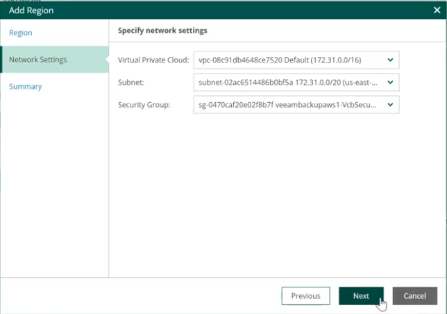 Selecting a VPC, subnet, and security group for the region