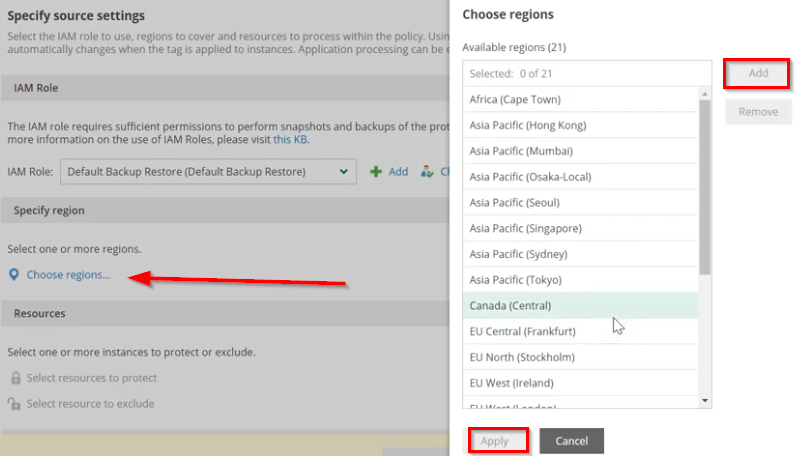 Selecting a default IAM Role and choosing a region