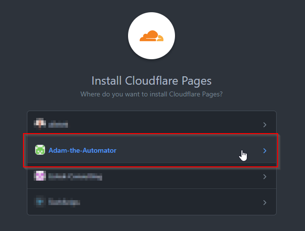 Choosing a GitHub account to connect to Cloudflare Pages.