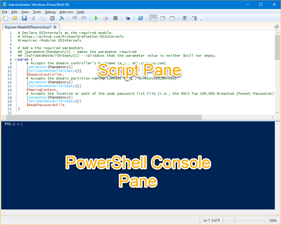 The Windows PowerShell ISE window