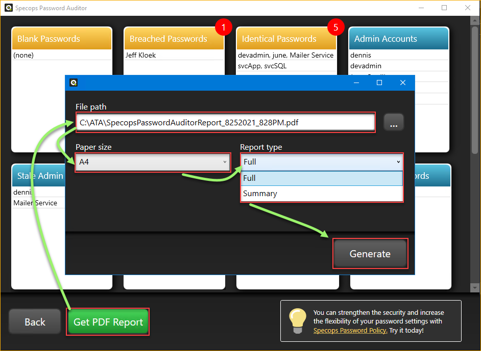 Exporting a PDF report