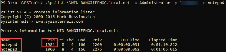 Using pslist to list PID's of Notepad