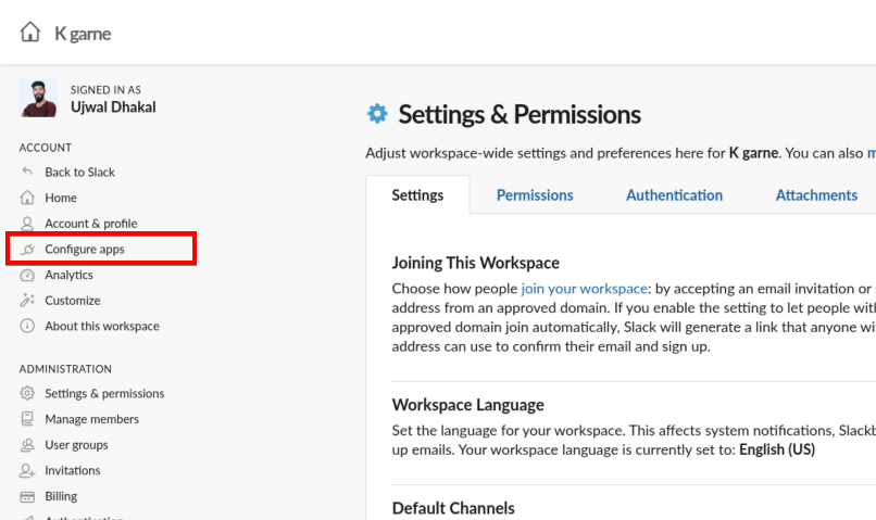 Accessing Slack Admin Settings