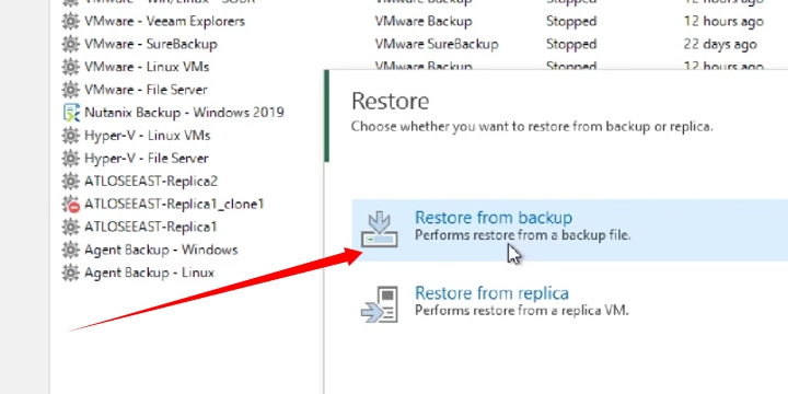 Selecting the option to Restore from a Backup