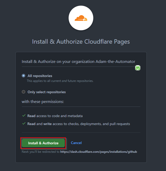 Installing and authorizing Cloudflare Pages with GitHub.