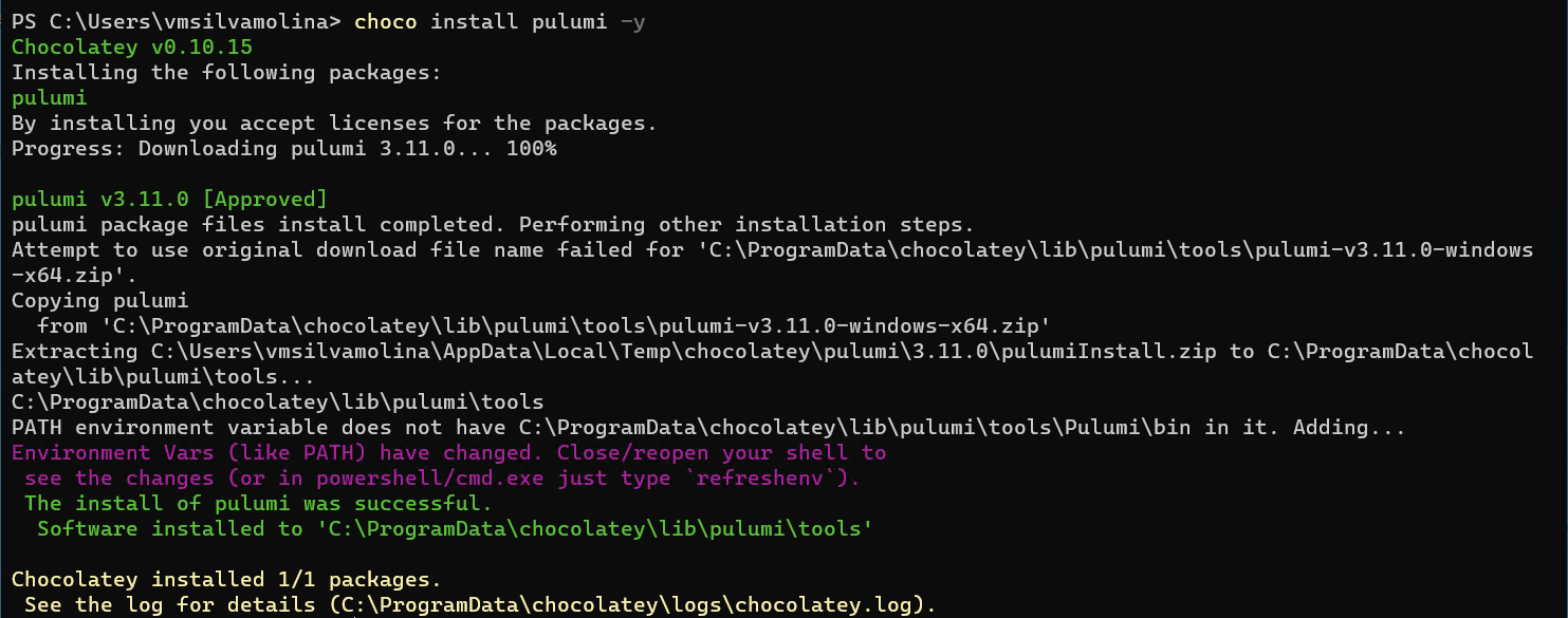 Installing Pulumi with Chocolatey