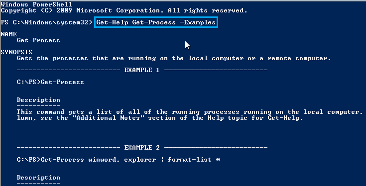 Applying -Examples to get help for Get-Process 