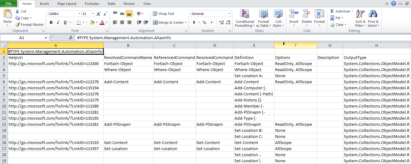 Opening Exported Commands.csv in Microsoft Excel