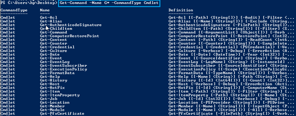 Getting all cmdlets that start with the letter 'G'