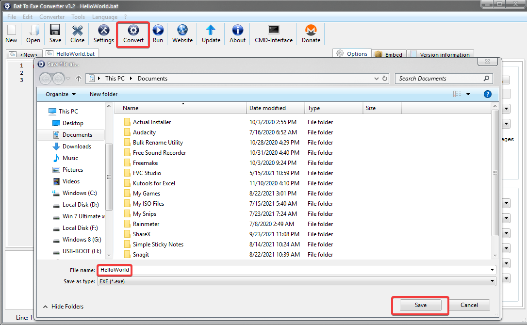 how to convert a batch and file directory to exe