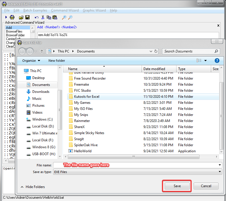 ConvertSelecting Save Location for the EXE Fileing batch file