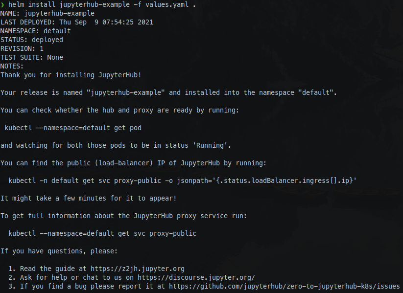 Installing JupyterHub application on Kubernetes cluster using Helm with custom input values.
