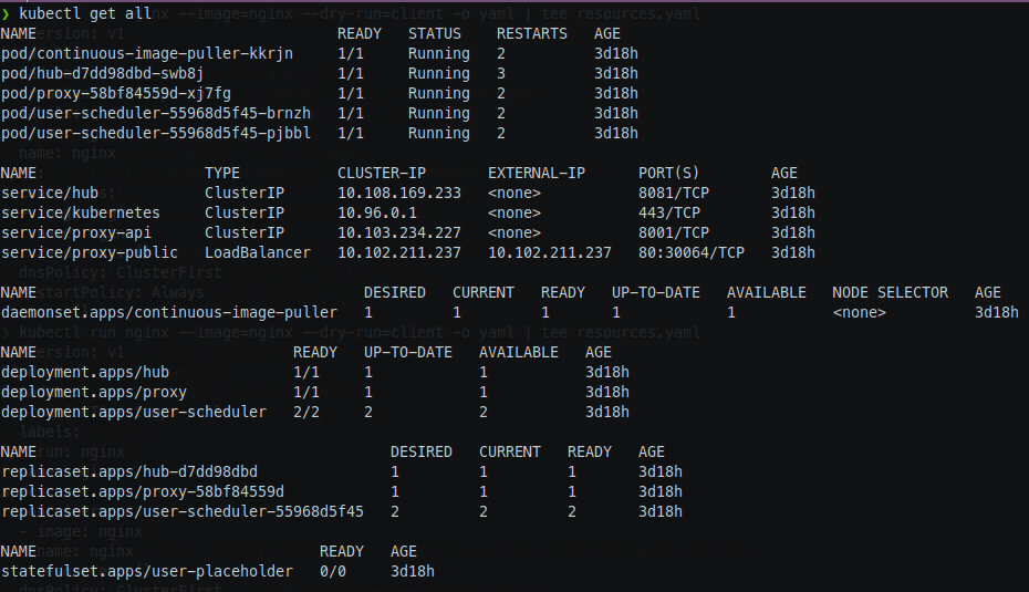 Listing resources created by Helm after installing the JupyterHub chart.