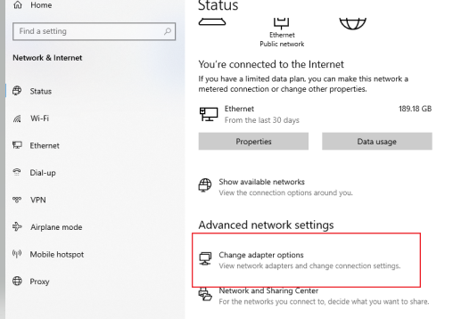 Viewing all network cards by selecting Change Adapter Options.
