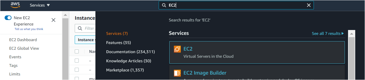 Opening an EC2 console.