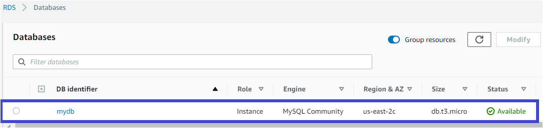 mydb database instance created