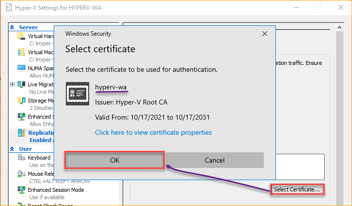 Selecting the server certificate 