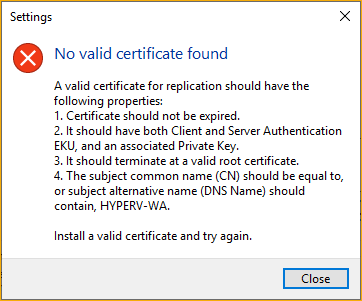 The error shows no valid certificate