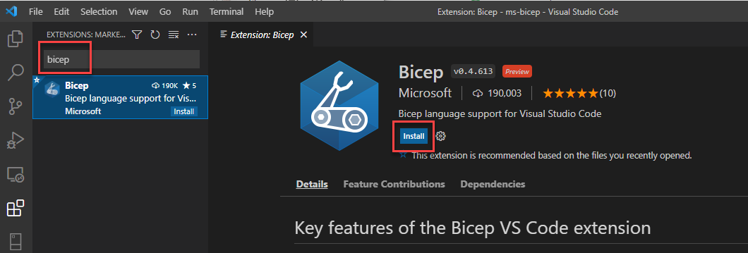 Search and install bicep extension